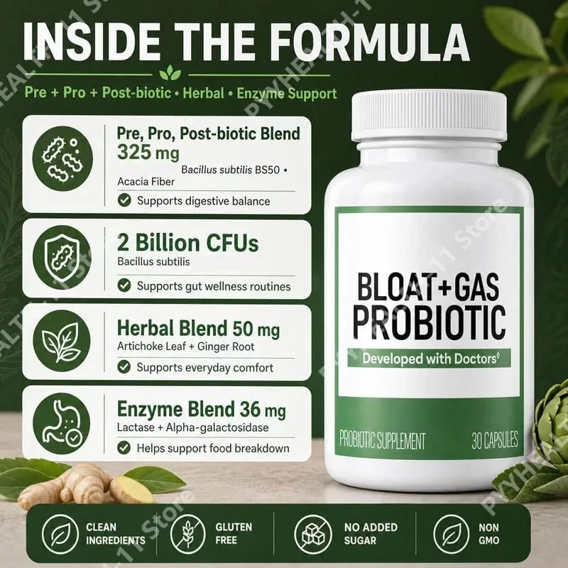 60 Billion Probiotic Capsules with Acacia Fiber Postbiotic Herbal and Enzyme Blend Gut Health Support Gas Relief for Adults 30ct — image 3