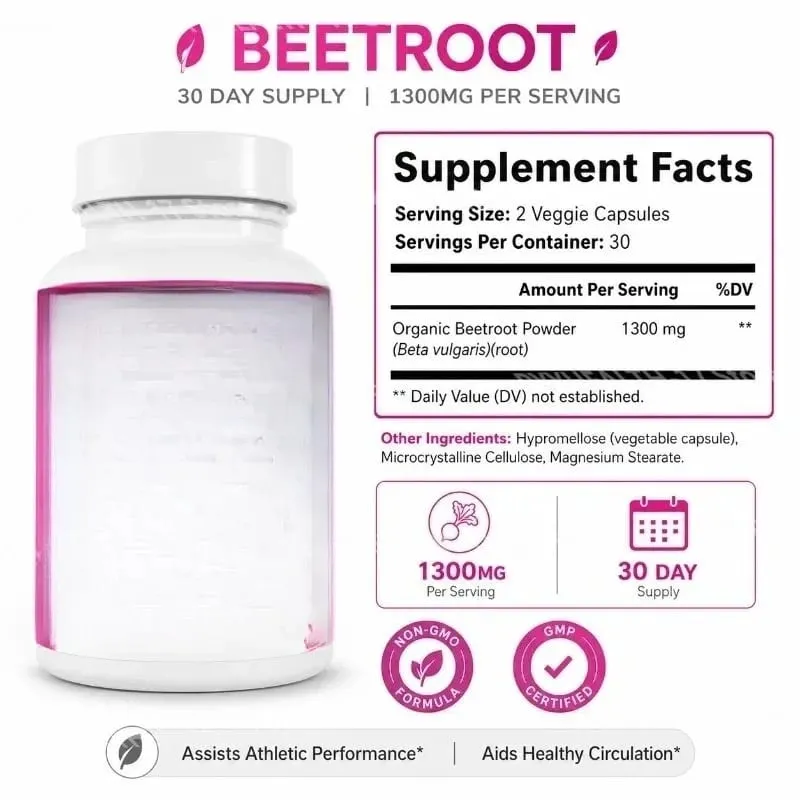Ang Beetroot Capsules Non-GMO Beets ay Sumusuporta sa Malusog na Sirkulasyon at Athletic Performance Organic Beetroot Powder 1300mg 60 Capsules — image 2