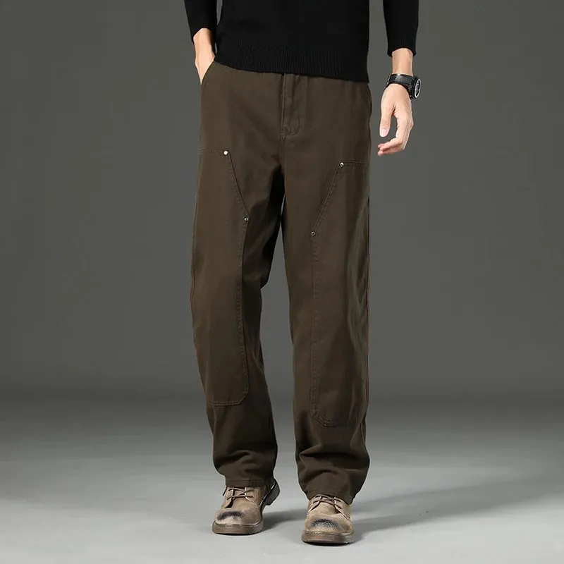 Haute qualité printemps nouveau Style droit ample hommes pantalons décontractés Rivet épissage Style Safari coton pantalon armée vert jean — image 6