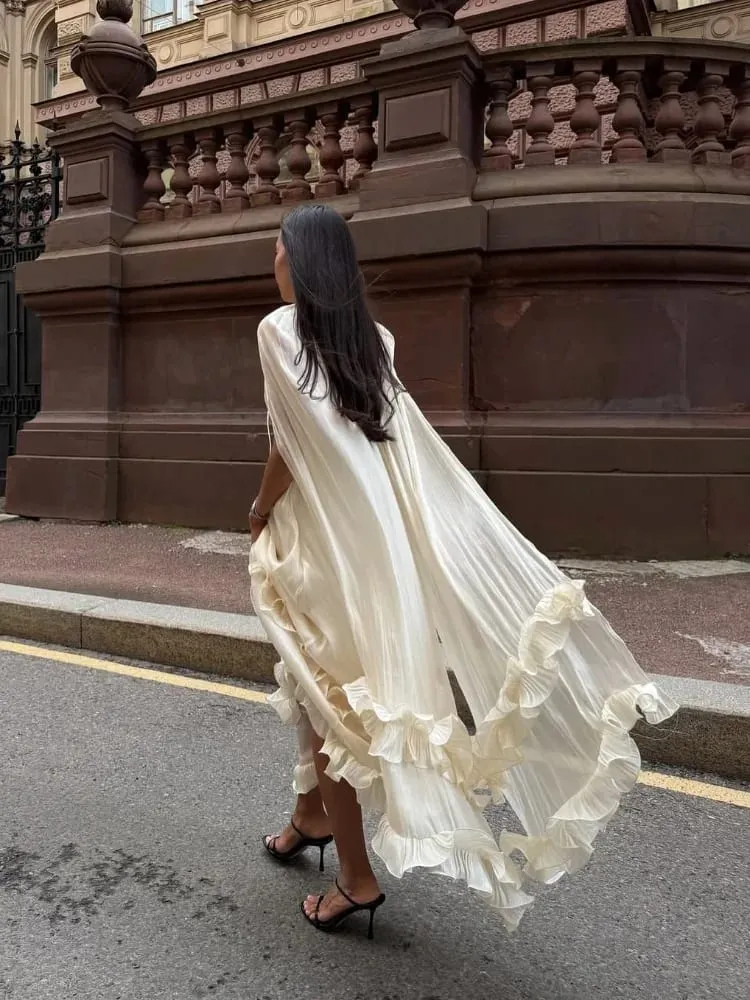 Ivory Sleeveless Ruffled Hem Maxi Dress Women Flowy Solid Cloak Long 2026 Spring Summer Fashion Vacation Leisure Lady Vestidos — image 4