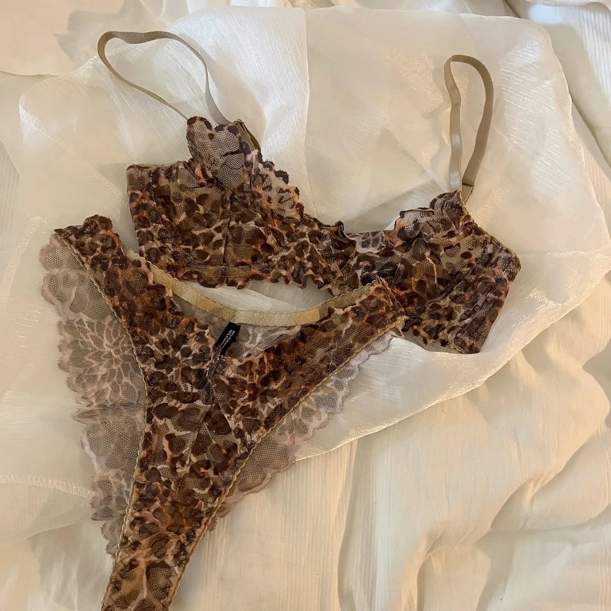 French Sexy Underwear Thin Leopard Print Transparent Lingerie Comfortable Women's Gathered Underwire see through bra Set Thong — image 4