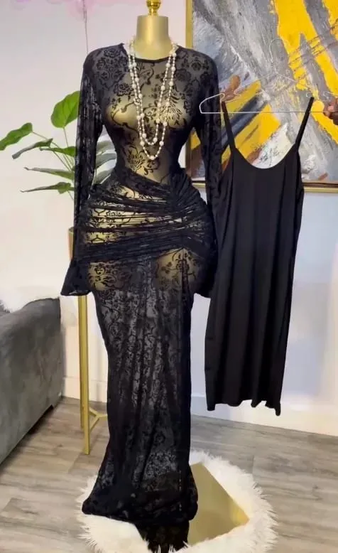 CM.YAYA 2025 Maglia a maniche lunghe increspata da donna Vedi anche se con fodera aderente Abito lungo Autunno sera Compleanno Abiti da festa sexy — image 16