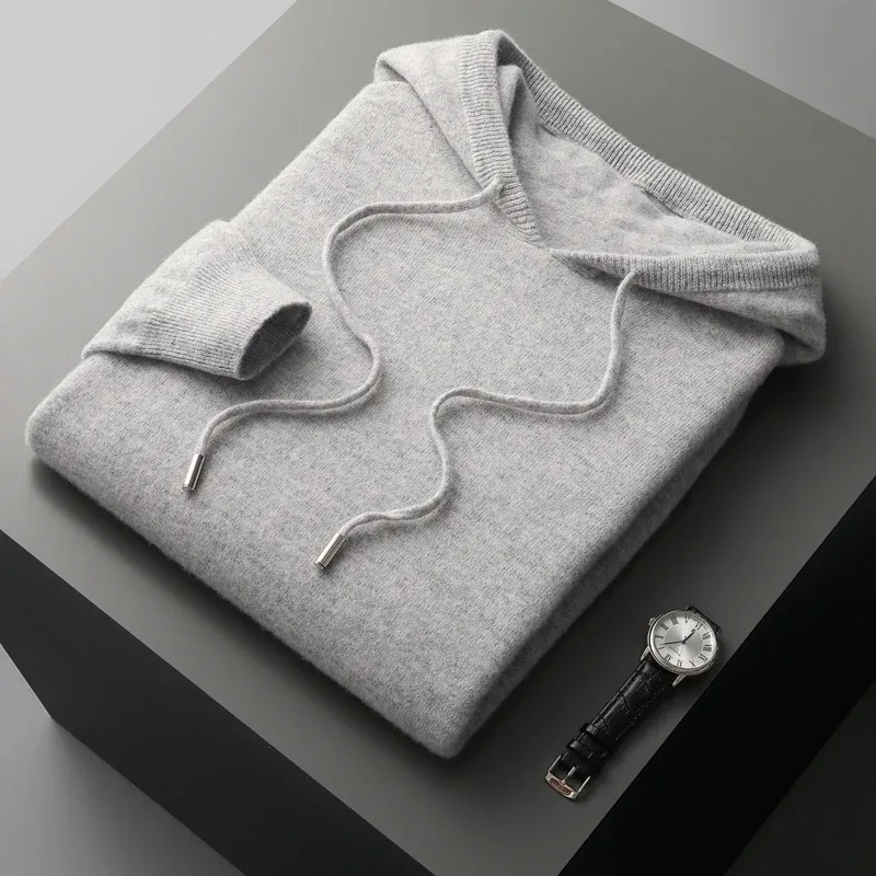 Men's 100% Merino Wool Sweater Hooded Collar Knitted Pullover Sweatshirt Autumn Winter Casual Large Tops Long Sleeved — image 6