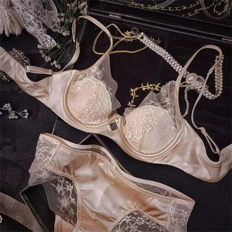 Dessous-Set aus Spitze und Satin im französischen Stil, mit verstellbaren Trägern, BH und dünner Polsterung aus weichem Draht, bequem, Unterwäsche für muslimische Mädchen — image 4