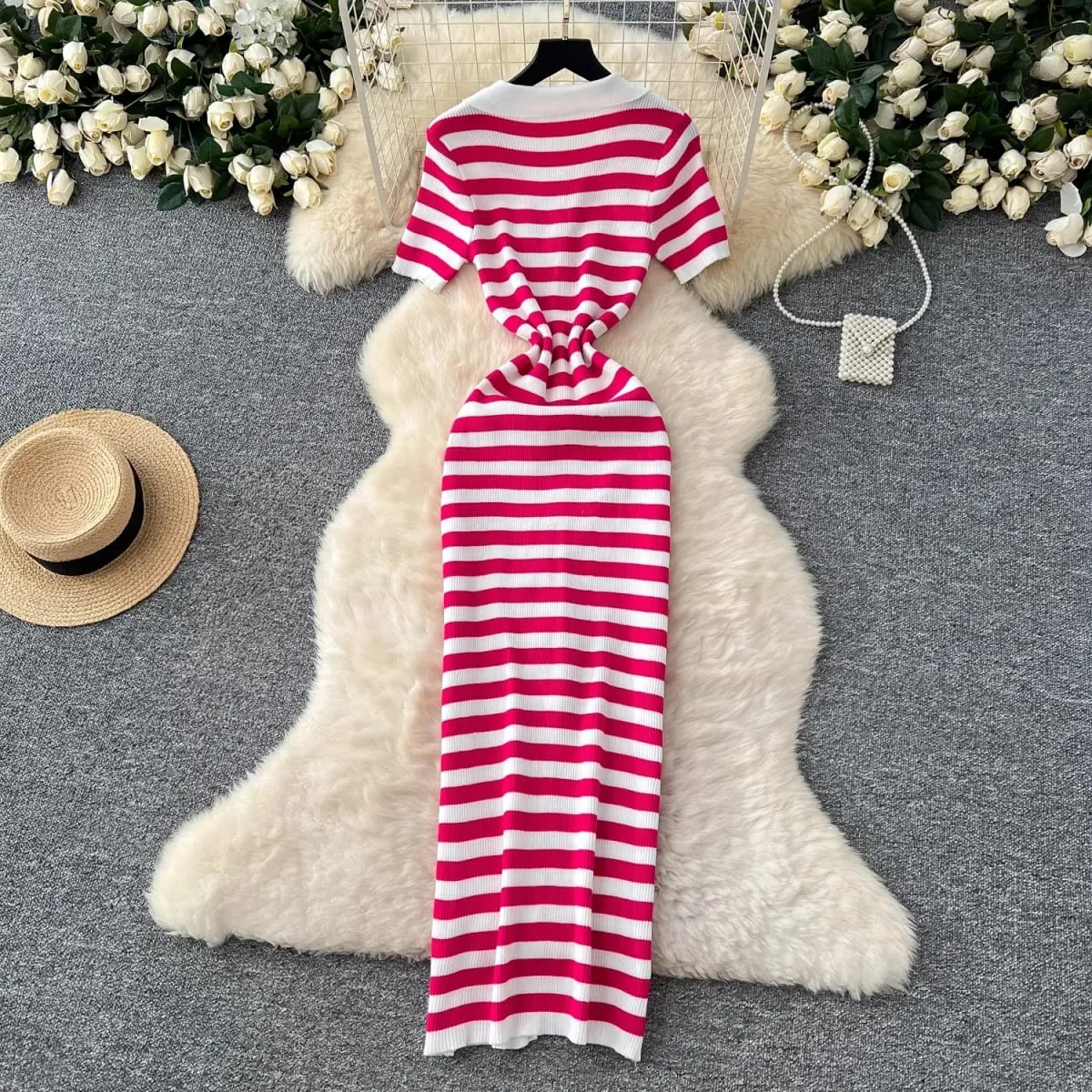 YuooMuoo Chic Fashion Sexy Wrap Hips Knitted Maxi Dress 2026 Summer Women Single-breasted Stripes Sweater Dress Streetwear Robes — image 4