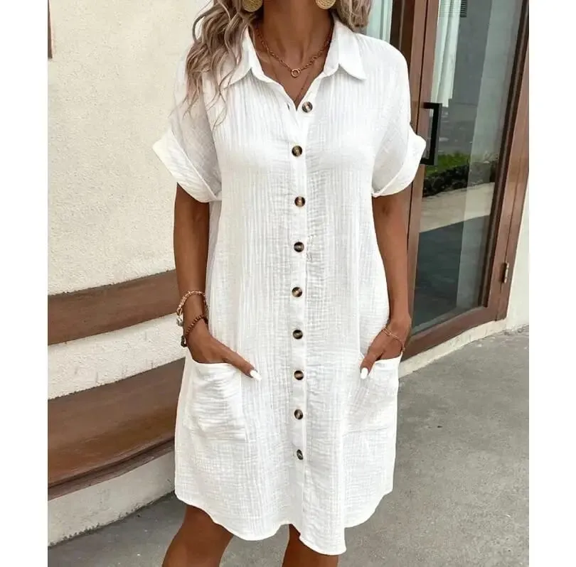 Sommer Solide Einfache Kurzarm Shirt Kleid frauen drehen-unten Kragen Einreiher Casual Elegante Damen Lose Kleider — image 1