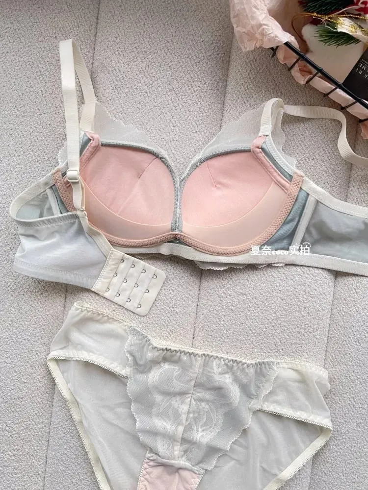 Set reggiseno senza fili in pizzo morbido stile francese da donna push up seno piccolo sollevamento coppa piena set di lingerie comfort regolabile sexy da indossare ogni giorno — image 4