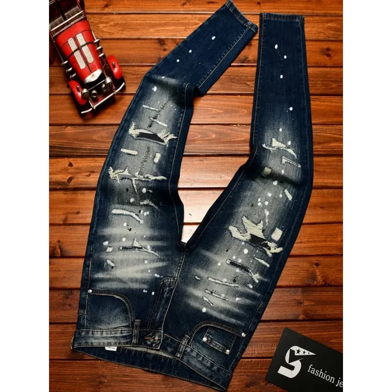 High end nostalgic jeans for men slim fit with small holes patches scraped inkjet street trend elastic retro denim pants — image 4