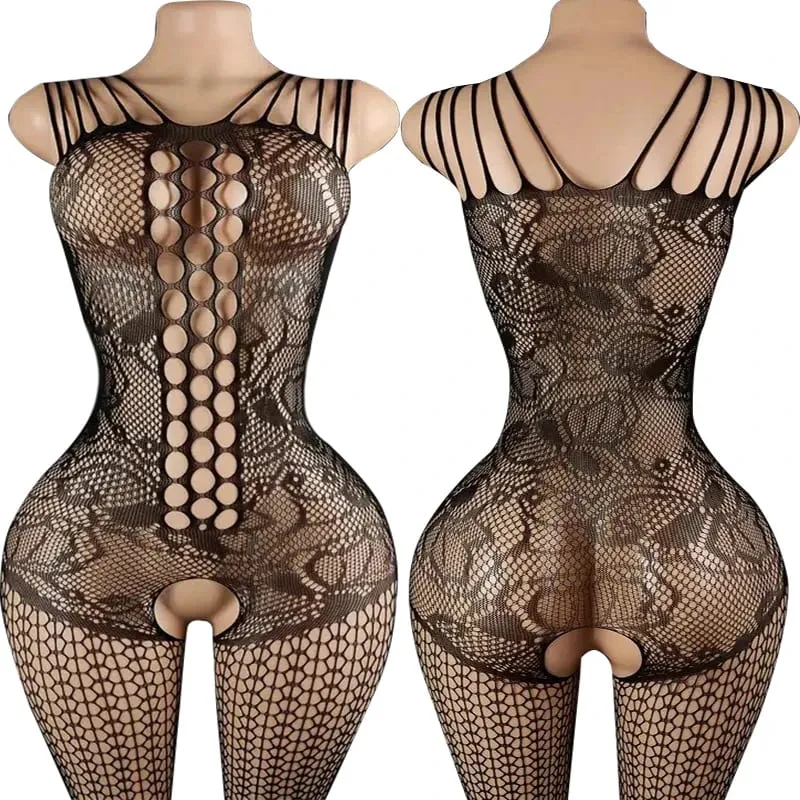블랙 Fishnet 오프 어깨 오픈 가랑이 Bodystocking 란제리 세트 섹시한 가랑이없는 테디 브래지어 여성의 에로 속옷 — image 10