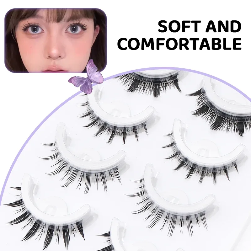 5 Paar Manga-selbstklebende falsche Wimpern im gemischten Stil, kleberfreie, wiederverwendbare natürliche Streifenwimpern für das tägliche Augen-Make-up — image 7