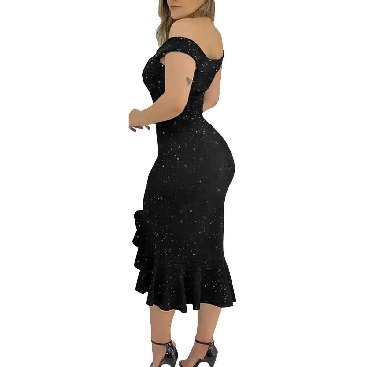 Abito da festa da donna Sexy con spalle scoperte Split Ruffle Solido aderente Abito al ginocchio Moda Glitter Abiti eleganti da festa Vestido — image 5