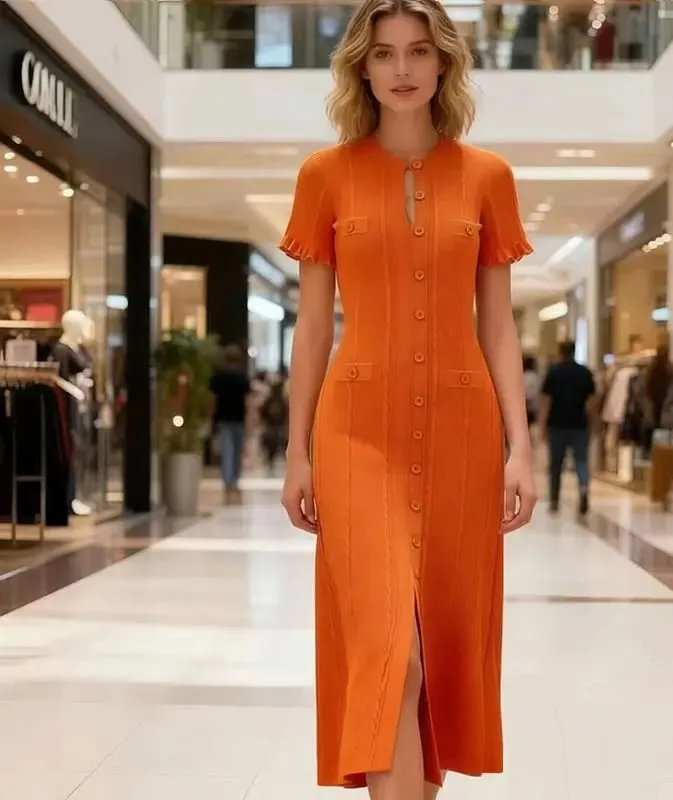 Musim Panas Wanita Elegant Rajutan Single Breasted Gaun Panjang Wanita Lengan Pendek O Leher Butang Bodycon Pesta Vestidos Wanita — image 3