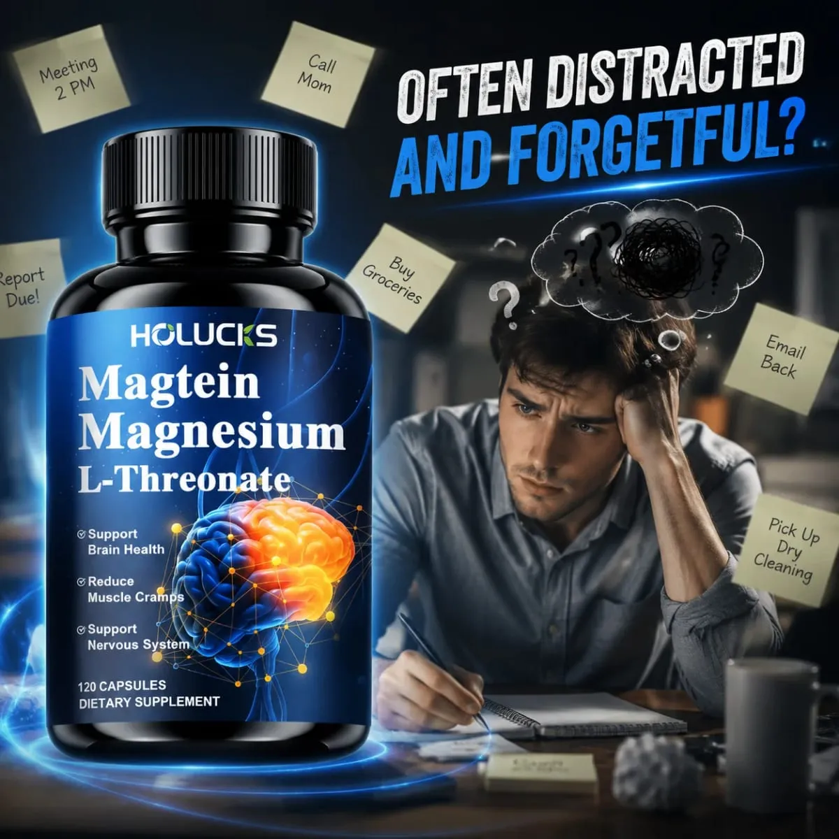 Magnesium L-Threonate Supplement Support Brain Health Nerve Function Muscle Strength Relieve Stress for Deep Sleep — image 1