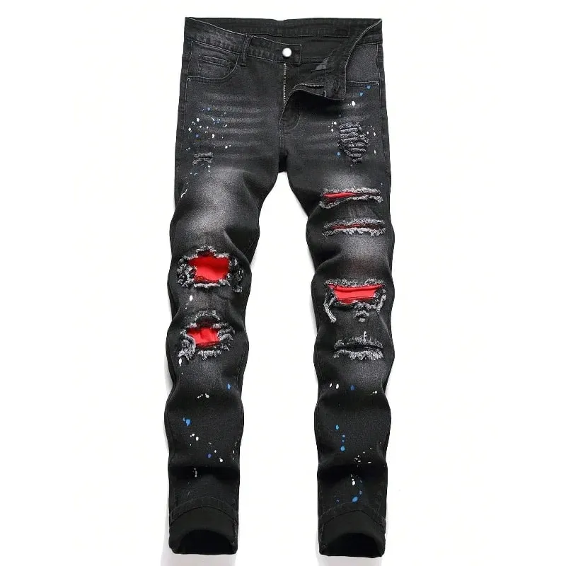 2025 ฤดูใบไม้ร่วงใหม่ยืดกางเกงยีนส์แฟชั่น Ripped Patchwork Slim ยุโรปอเมริกันกางเกงชายสี Dot Hip Hop DENIM กางเกง — image 2