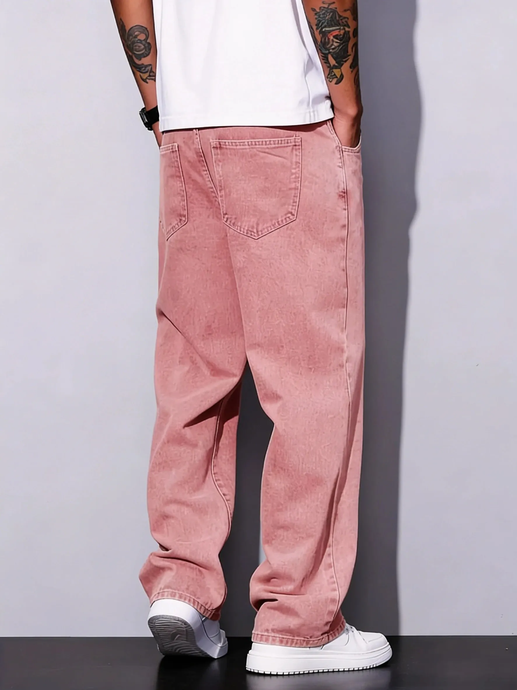 Seluar Jeans Lelaki Merah Jambu Asas Kaki Lurus Seluar Jeans Mid Rise Semua Padanan Semua Musim Seluar Harian Jalanan Untuk Lelaki Muda Keluar Harian — image 3