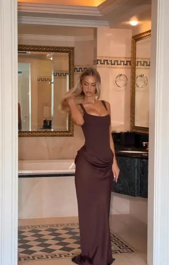 จีบชุดสลิงสแควร์คอปิดไหล่เอว Cinching Slim ชุดสตรีแฟชั่นชุดราตรีชุดราตรี 2025 — image 4