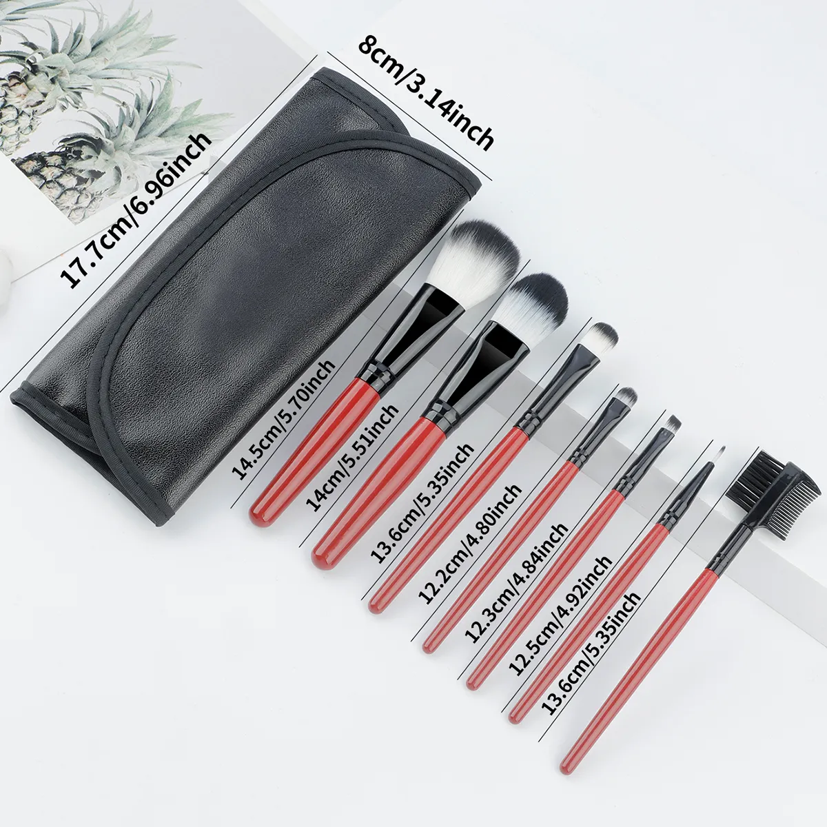 Conjunto de pincéis de maquiagem com cabo vermelho vinho, 7 peças, com bolsa de armazenamento de couro pu, cerdas macias, pó, blush, sombra, kit de pincéis cosméticos — image 2