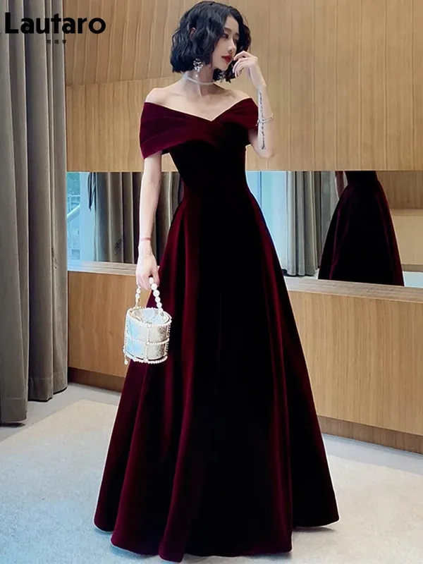 Lautaro Spring Long Luxury Elegant Wine Red Soft Velvet Evening Party Wedding Dresses for Women 2022 Off Shoulder Maxi Dress — image 4