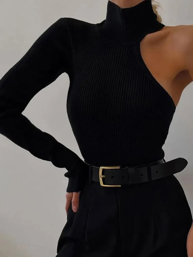 แฟนตาซีเดี่ยวแขนเสื้อปิดไหล่เซ็กซี่คอเต่า Ribbed ถัก Bodice ฤดูใบไม้ร่วง Rave ชุดชุดบอดี้สูทผู้หญิง