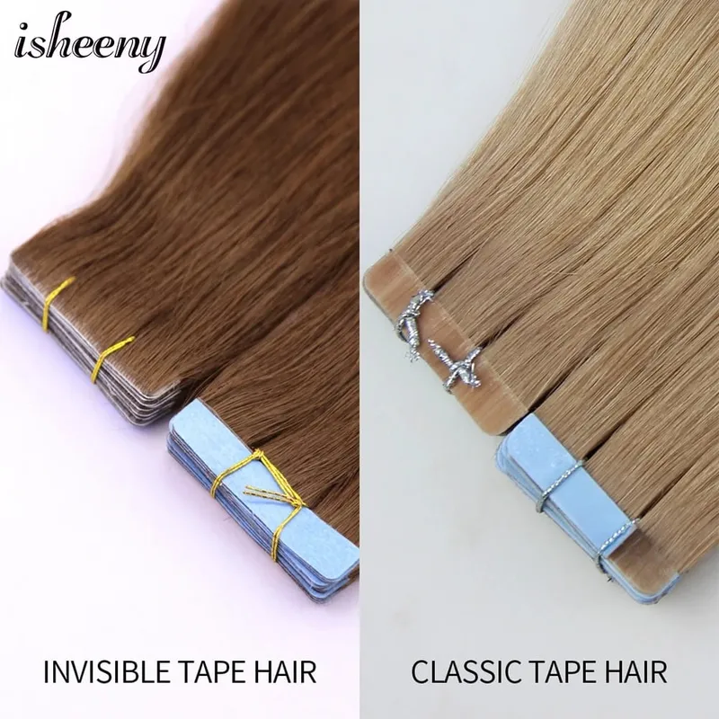 Isheeny Invisible Tape In Hair Extensions 12" 16" 20" Skin Weft Tape Ins 10 stk Naturlig Straight Machine Made Remy Human Hair — image 5