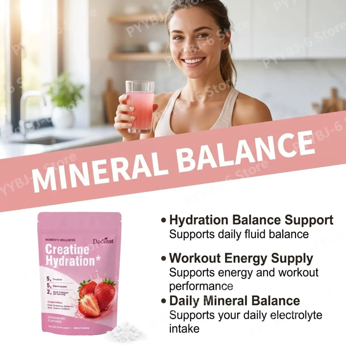 Docteat Creatine Powder Elektrolit Kolagen Vitamin C Biotin Tanpa Gula Perisa Strawberi Wanita Fitness Wellness 30 Hidangan — image 4