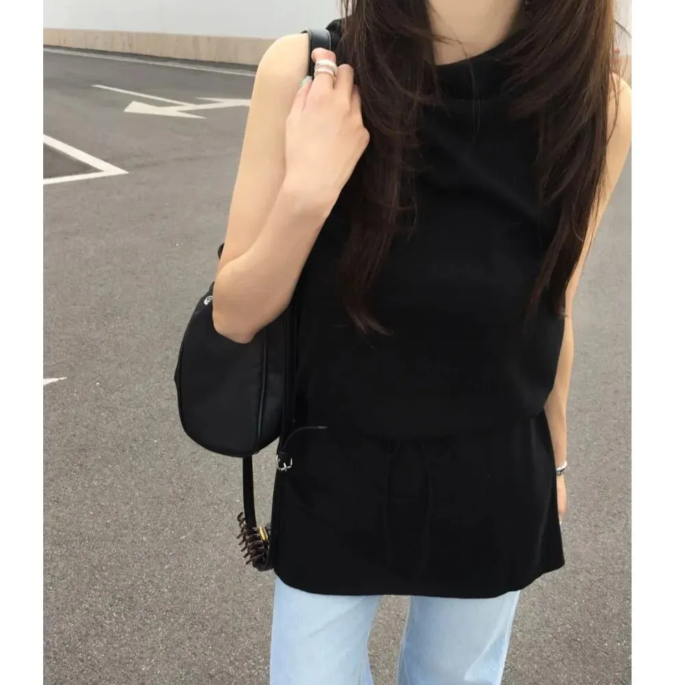 ฤดูร้อนElegant DrawstringเอวSlimmingแขนกุดสั้นชุดสบายๆสไตล์ผู้หญิงเสื้อผ้าเดินทางเหมาะสำหรับ