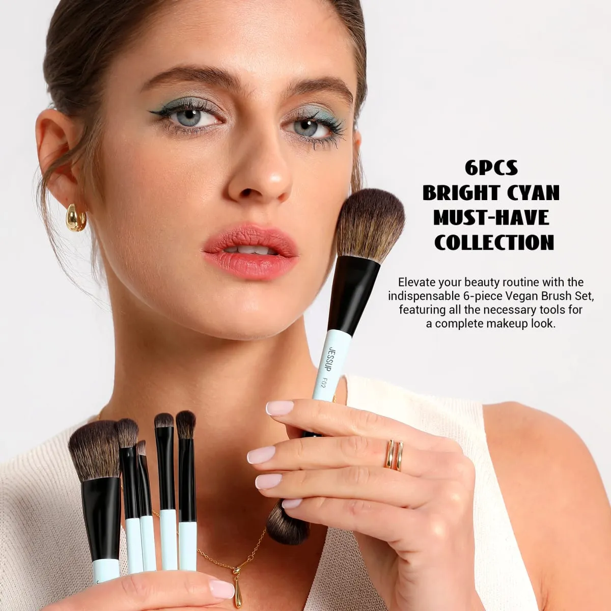 Jessup Make-up Kwasten Set Dubbelzijdig Make-up Kwasten Foundation Contour Blush Blending Wenkbrauw Schaduw Vezel Helder Cyaan T501