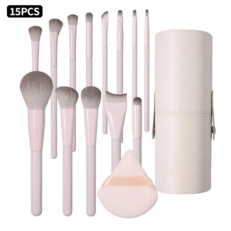 Sada 15 ks štětců na make-up s úložným kbelíkem a Triangle Powder Puff Foundation Blush Eyeshadow Contour Nástroje pro make-up celého obličeje