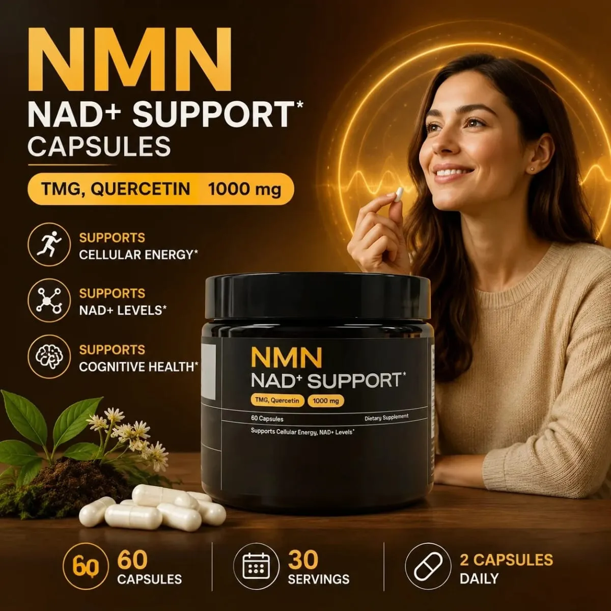 NMN NAD+ Support Capsules 1000 มก. รองรับพลังงานเซลลูล่าร์ ระดับ Cognitive Health NAD+ ด้วย TMG Quercetin 60 แคปซูลผู้ใหญ่