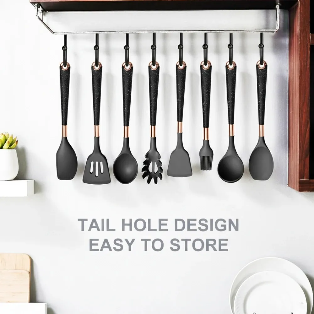 Silikone køkkenredskaber sæt non-stick non-stick varmebestandig spatel ske rose guld håndtag med spand Køkken gave — image 4
