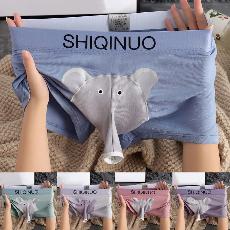 Caleçon homme mignon imprimé éléphant Taille élastique avec lettre Pochette 3D Souple Respirant Sommeil quotidien Maison Décontracté Confortable Sous-vêtements — image 6