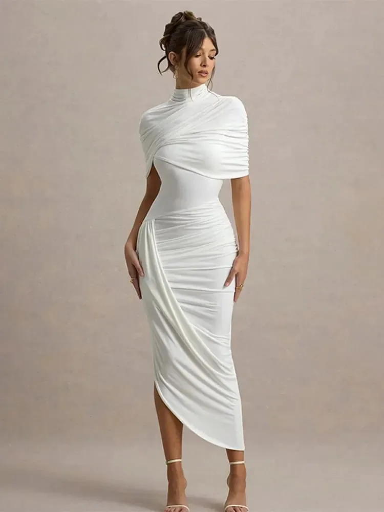 Irregular Pleated Ruched Maxi Dress Women's Backless Turtleneck Slim High Waist Robes Summer Lady Chic Street Vestidos 2025 New