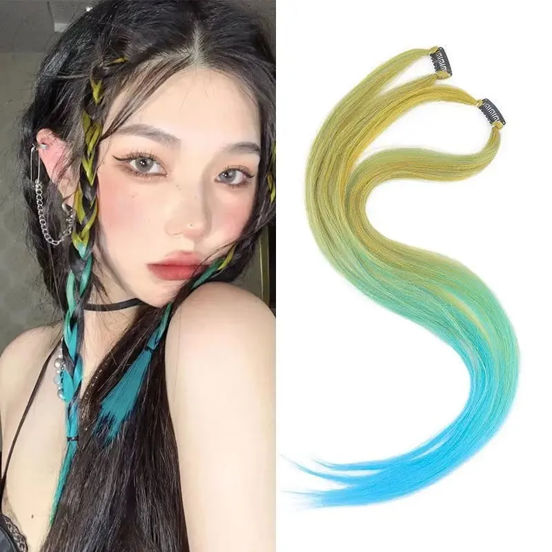 2PCS 60cm Synthetic Long Straight Hair Clips Rainbow Hair Extension Colored Red Green Blue Hairpiece for Women