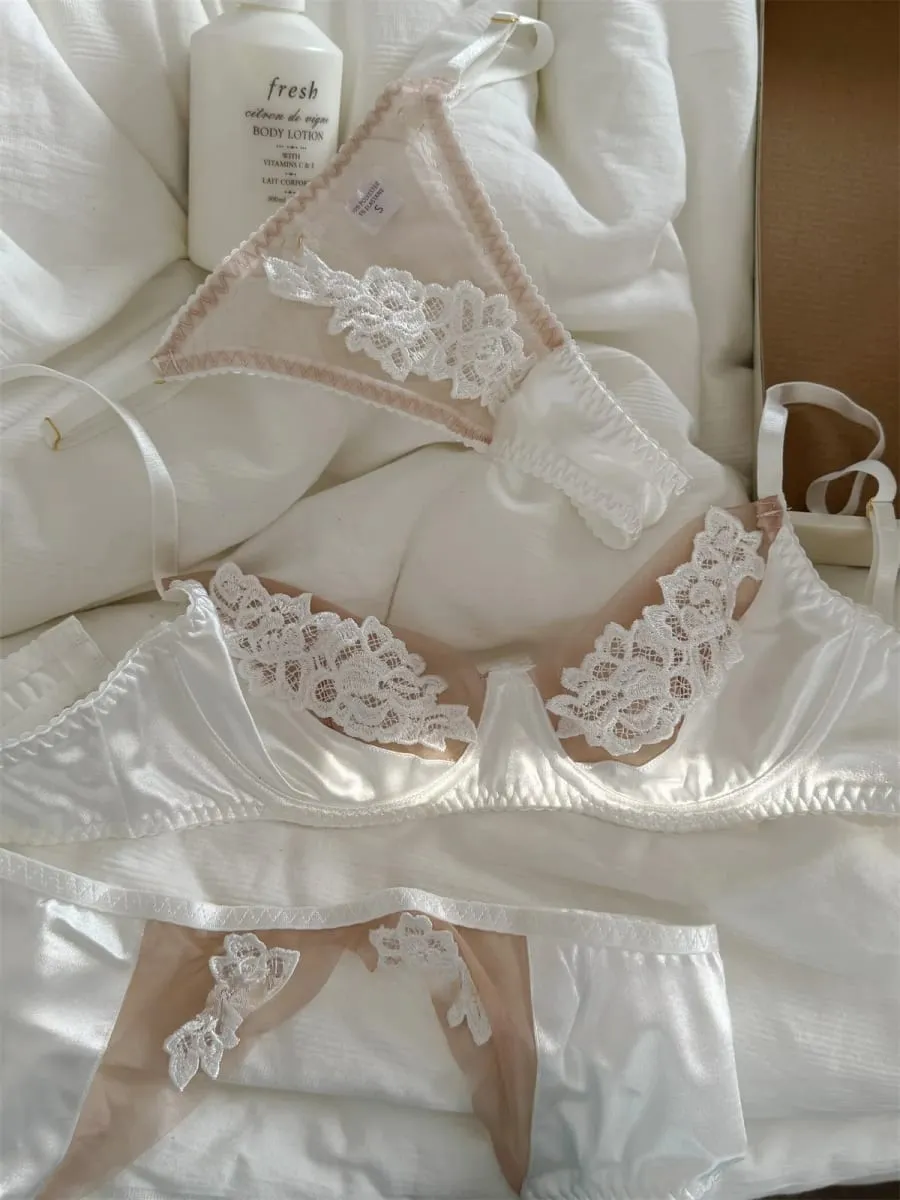 Lingerie con fiori ricamati, intimo in tre pezzi, reggiseni sottili, top traspirante, set reggiseno push up da donna di grandi dimensioni — image 3