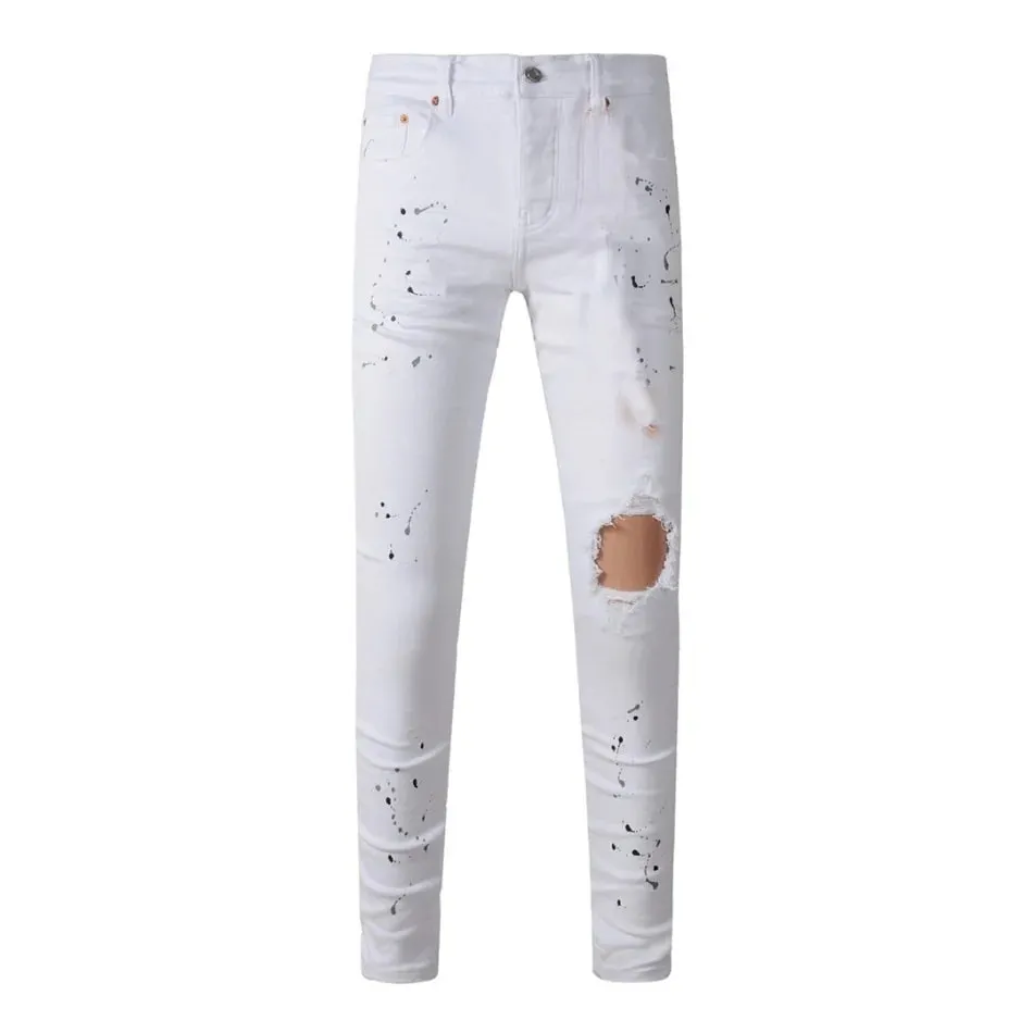 Pantaloni da uomo High Street Jeans American Distressed Nero scuro rivestito bianco elasticizzato con bottoni skinny e pantaloni strappati