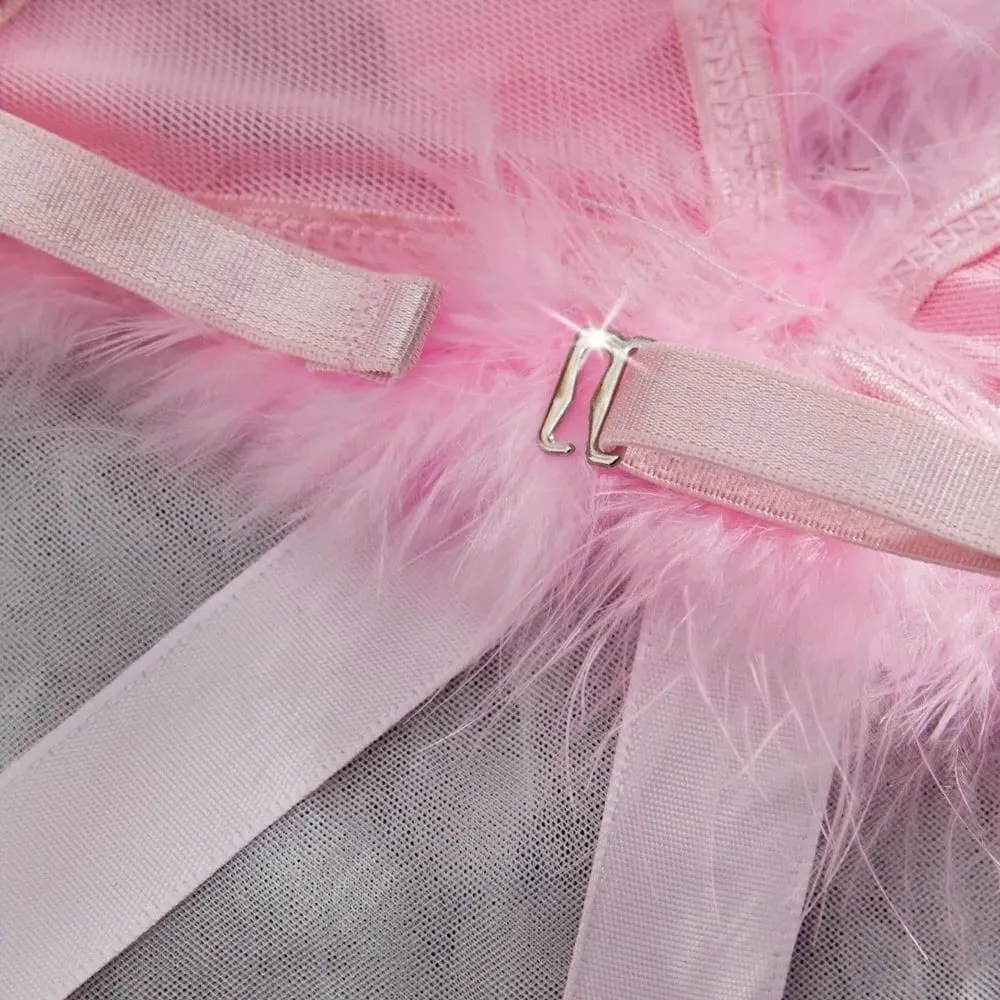 Pakaian dalam wanita berbulu Set Lingerie dekorasi pita nirkabel celana dalam Bra transparan jaring intim romantis setelan ulang tahun — image 4