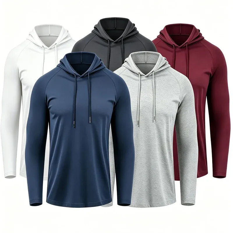 Baju Pelindung Matahari Lelaki Hoodie Lengan Panjang Pepejal Kemeja-T Cepat Kering Lelaki Bina Badan Kecergasan Otot Pakaian Sukan Pakaian Gim — image 7