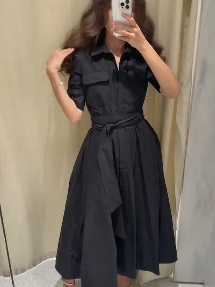 Chic sólido manga curta lapela vestido longo para mulheres elegante único breasted cintura maxi vestido senhora férias noite vestidos de festa — image 2