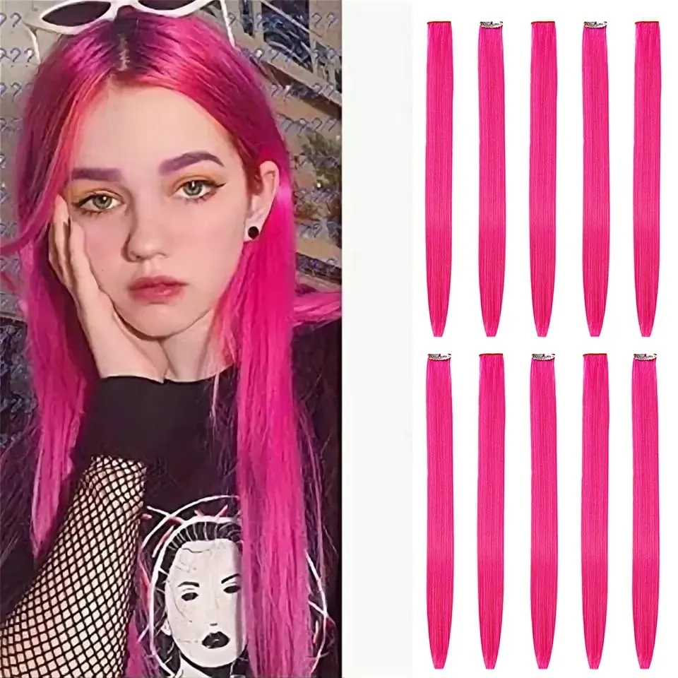 Extensions capillaires synthétiques à reflets colorés, 22 pouces, 10 pièces, postiches lisses roses pour femmes, enfants et filles, Cosplay de fête