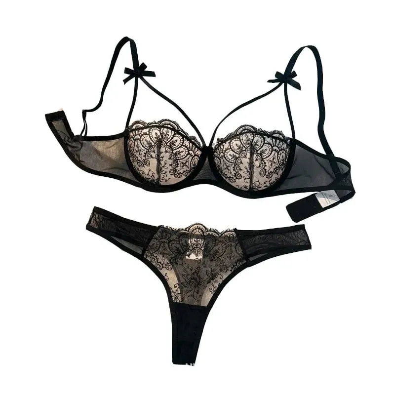 Ensemble 2 pièces noir confortable et léger pour femmes, ensemble soutien-gorge et culotte en dentelle brodée, Semi-transparente, bretelles réglables — image 1