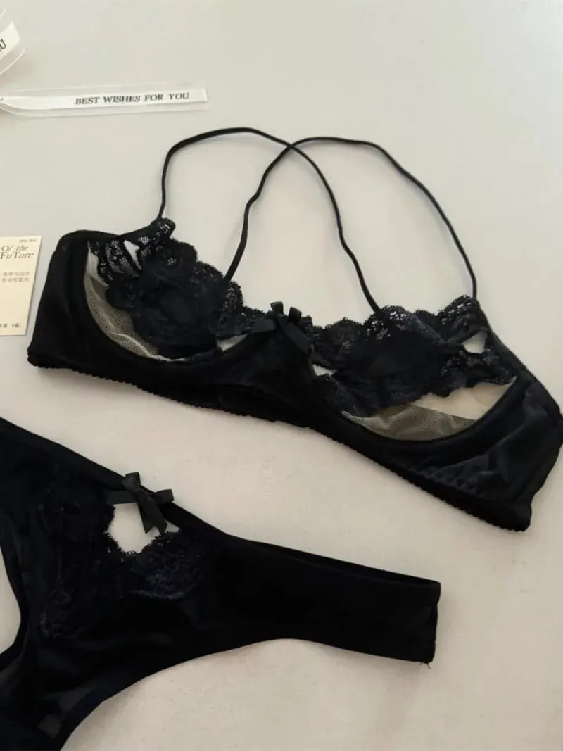 Ensemble de sous-vêtements de soutien-gorge français, ajouré, nœud en dentelle, demi-tasse, Lingerie Sexy, ultra-mince, tentation, tenues érotiques chaudes — image 3