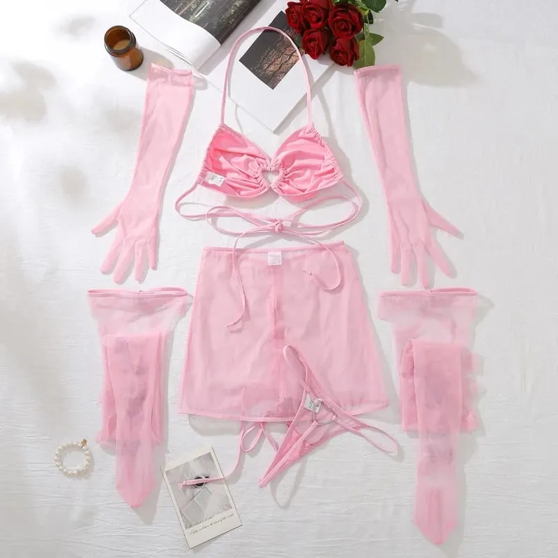 Lingerie ultra sexy, reggiseno con coulisse, bretelle attraenti, romantici guanti con calza ritagliata a farfalla — image 4