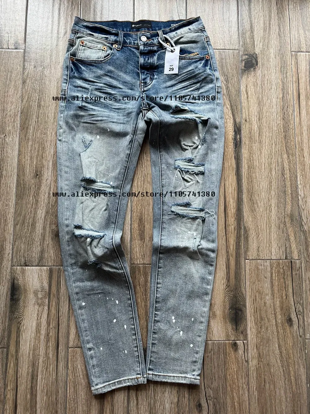 American High Street Quality Zoufalé Prané Světle Modré Zničené dírky Natahovací Skinny & Slim Fit Roztrhané džíny nastříkané sprejem
