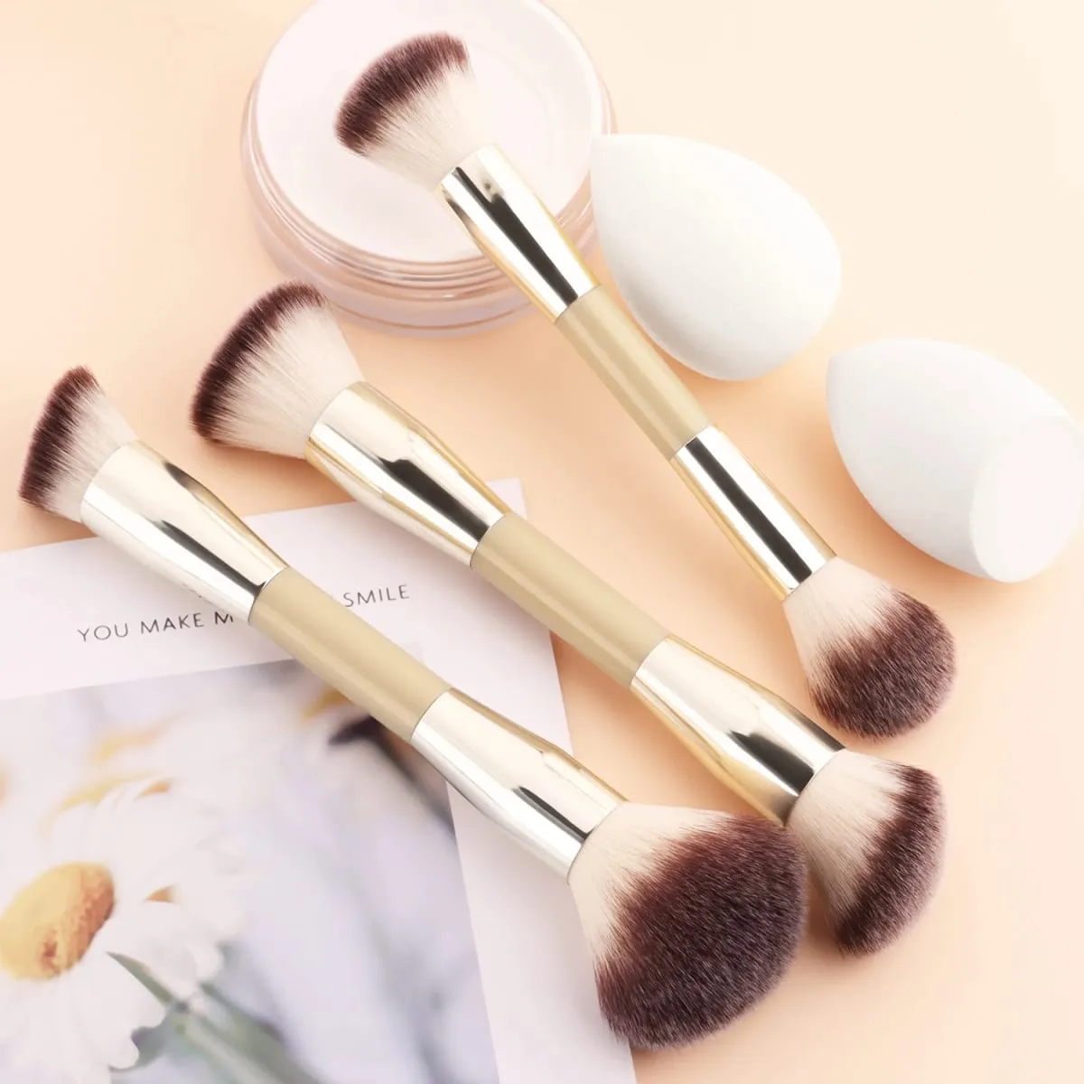 5 Buah Set Alat Rias 3 Kuas Ujung Ganda 2 Spons Kecantikan untuk Kit Kosmetik Wajah Kontur Foundation Blush