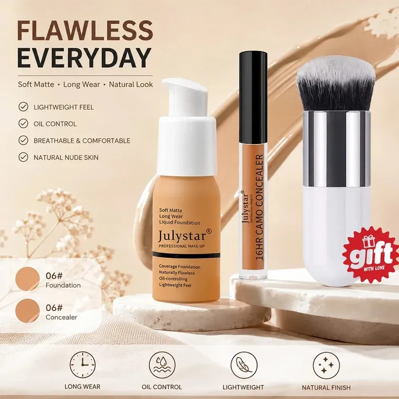 ชุดแต่งหน้าพื้นฐาน 3 ชิ้น แปรงรองพื้นและคอนซีลเลอร์ฟรี Matte 16H Oil-Control Lightweight Full-Coverage สำหรับใบหน้ารายวันอย่างเป็นธรรมชาติ — image 5