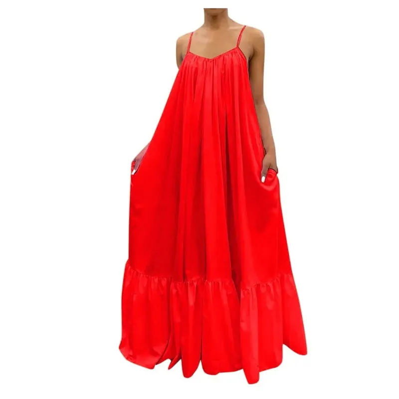 Spring Dress For Women Sexy Solid Strap Dress Pocket Loose Backless Big Swing Dresses Holiday Dresses For Women Wedding Guest — image 4