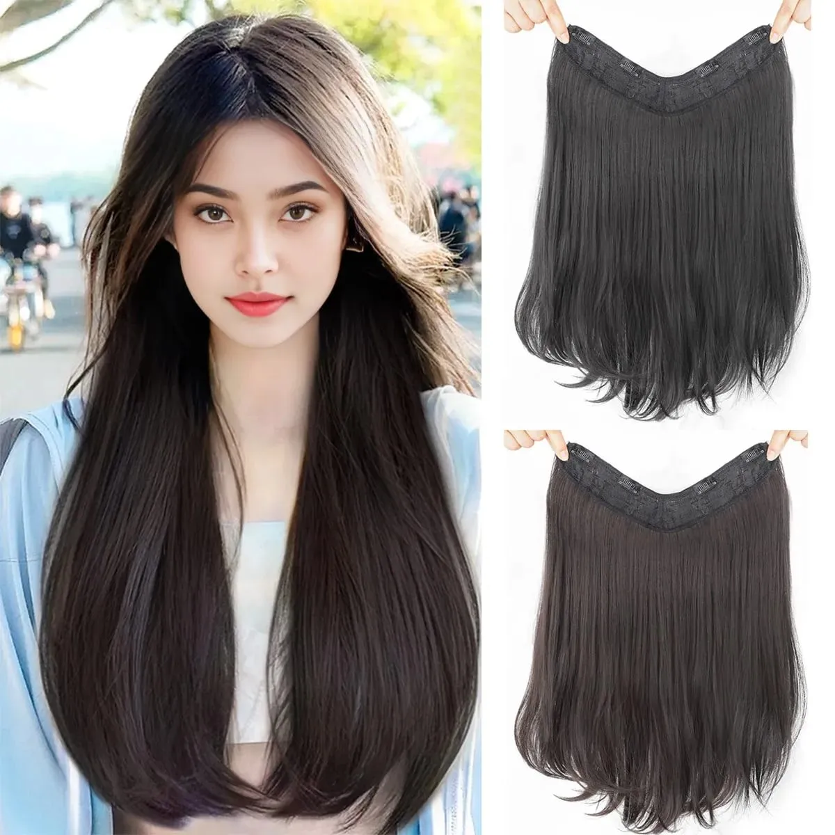 Synthetic V-shaped hair extensions wigs clips that naturally connect to women's hair heat-resistant wigs used for daily wear — image 2