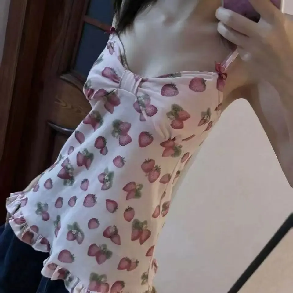 Sød Dame Spaghetti Strap Tank Top Jordbærmønster Sløjfe Ornament Flæsekant Slank Sweet Cottagecore Daily Cami Top — image 2