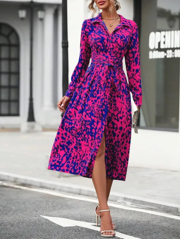 Abito elegante camicia abbottonata con stampa casuale Abito longuette da donna a maniche lunghe con cintura in vita Abito casual da ufficio primaverile autunnale — image 3