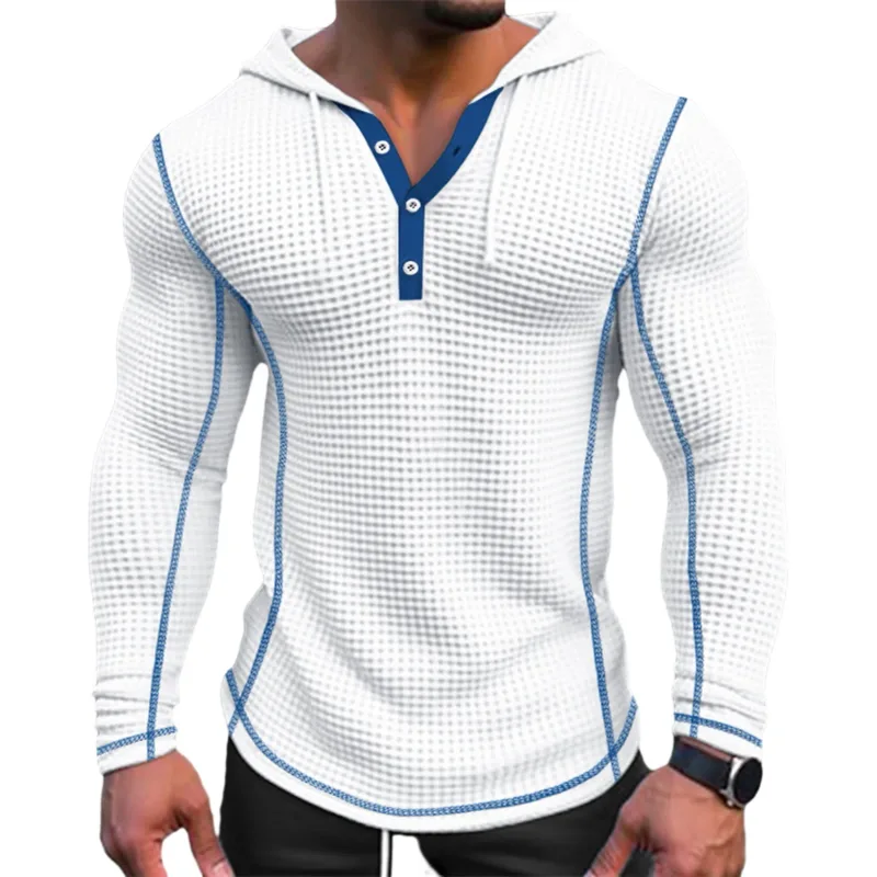 Spring Solid Color Slim Fit Long Sleeved T-shirt Men's Hooded Breathable Sports Top Waffle Cotton Casual Long Sleeved Shirt — image 11